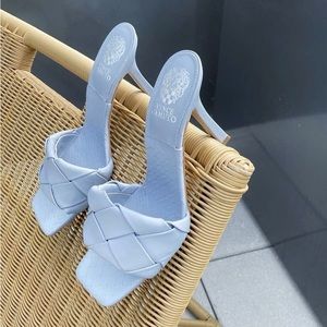 Vince Camuto Blue Leather Woven Strap‎ Dress Mule Heeled Sandals